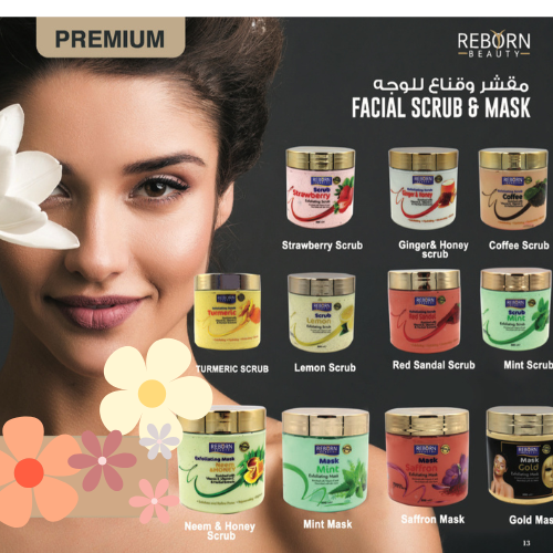 Reborn Beauty Facial Scrub & Mask 500ml β Deep Cleansing, Brightening & Exfoliating Skincare β Available in Strawberry, Coffee, Turmeric, Mint, Neem & More β UAE